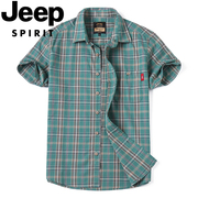 jeep短袖男格子衫，商务翻领半袖纯棉夏季上衣，打底衬衣男士休闲