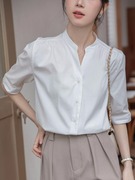 立领五分短袖衬衫女装夏季韩版V领衬衣气质通勤纯色百搭上衣
