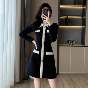 黑色a字型长袖修身显瘦毛衣，裙子气质新中式女装小香风针织连衣裙