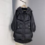 &不退换黑色连帽中长兔皮毛一体鹅绒羽绒服加厚外套花苞8513长105