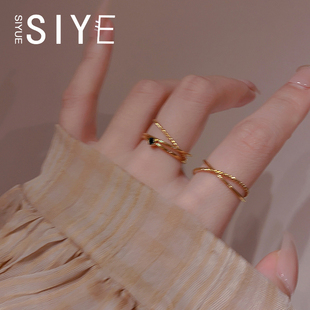 不掉色法式轻奢高级感戒指，女小众设计感交叉叠戴螺纹食指戒女