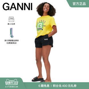 ganni女装柠檬黄校园风，圆领休闲宽松运动短袖t恤衫t3266336