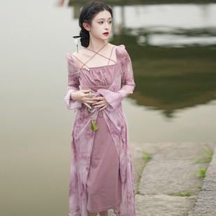 新中式国风温柔甜美淑女气质印花针织拼接吊带雪纺连衣裙显瘦长裙