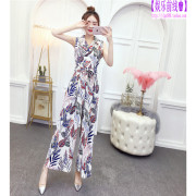 西装领垂感阔腿连体裤女装2022夏无袖(夏无袖，)印花显瘦高腰雪纺连衣裤长裤