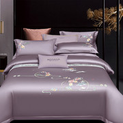 100全棉结婚庆床上被套，四件套床单式纯棉，紫色粉红色刺绣中式床品