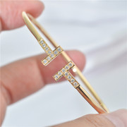 18K玫瑰金钻石手镯 T字形状弹力管镯子 黄金色光金首饰白金色定制