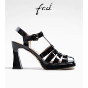 fed黑色高跟鞋女夏季女鞋单鞋粗跟编织罗马凉鞋女r0327-zc211