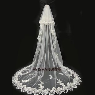 白色长款拖尾蕾丝花边头纱婚纱，遮面双层婚礼拍照森系新娘长头纱