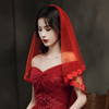 红色头纱新娘主婚纱短款头饰秀禾服红盖头结婚复古风蓬蓬简约领证