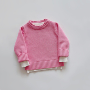 日系秋冬男女儿童宝宝粉红色纯棉线，圆领针织小厚实套头衫毛衣