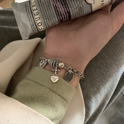 韩版S925银个性十字架手链女复古嘻哈时尚爱心字母圆环手环手饰品