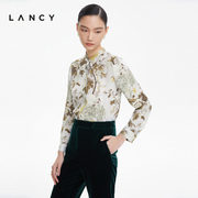 LANCY/朗姿真丝印花衬衫2022秋季小立领宽松长袖通勤女桑蚕丝