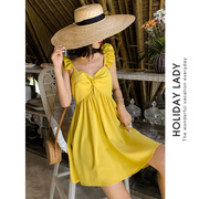 黄色小飞袖吊带女夏季小个子，法式气质雪纺，连衣短裙沙滩裙海边度假