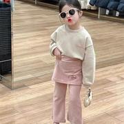 韩系童装2023春装女宝宝卫衣，粉色假两件喇叭裙裤女童套装炸街衣服