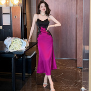 法式复古氛围感缎面气质，长裙子性感裹胸紫色，显白吊带连衣裙20568
