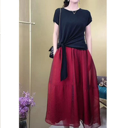 夏季大码韩版气质系带针织衫，女高档网纱a字半身裙套装两件套裙子