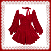 暴杂原创设计 赫尔姬的红裙 红色丝绒复古法式灯笼袖 新年连衣裙