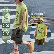 熊猫圆圆儿童夏季背心，套装2024男童，两件套中大童运动休闲童装