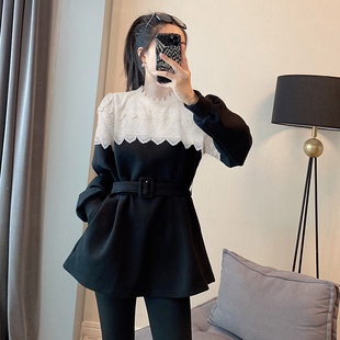 黑色拼接蕾丝薄款卫衣女设计感木耳边上衣秋季2023欧洲站欧货