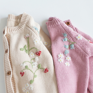 3岁1宝宝纯棉线毛衣开衫2儿童秋装4女童打底单排扣针织衫婴儿外套