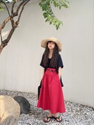 豆丁韩国童装夏季法式红色，a字褶皱，中长半身裙黑色女童蓬蓬伞裙女