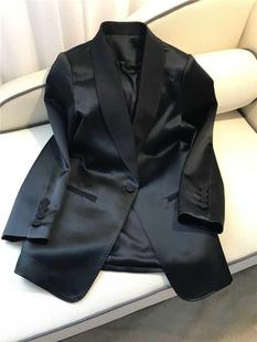三醋酸小西装外套女2020春秋，休闲黑色复古中长款缎面西服上衣