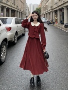 2024春季女装法式复古显瘦蝴蝶结，酒红色假两件气质礼服连衣裙