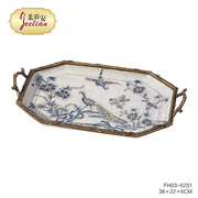 茱莉安法式中国风陶瓷，镶铜手绘青花，描金孔雀装饰托盘客厅摆件送礼