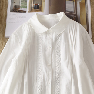 法式复古纯棉小娃娃领长袖，衬衫女小众拼接纯色白衬衣(白衬衣)通勤上衣叠穿