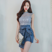 夏装2024女韩版气质两件套无袖蕾丝上衣修身不规则半身裙套装