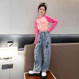 女童洋气刺绣设计感段袖拼色休闲T恤2023春季韩版宽松牛仔裤2件套