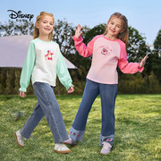 迪士尼2024春装女童插肩撞色长袖T恤儿童甜美圆领打底衫宝宝上衣