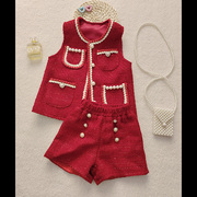 女童套装秋冬2023新年红色小香风马甲短裤两件套洋气时髦童装
