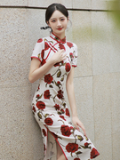 老上海复古改良旗袍2024春夏，年轻款高级感少女玫瑰印花连衣裙