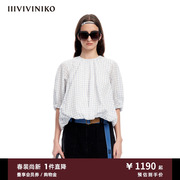 IIIVIVINIKO夏季泡泡袖系带全棉格纹短衬衫上衣女M320446188C