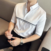 夏季男士织带短袖衬衫薄款时尚韩版修身条纹白色衬衣商务休闲寸衫