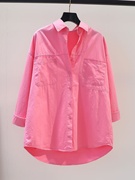 纯棉玫粉色衬衫秋季中长款小众宽松外搭女士，衬衣休闲上衣长袖外套