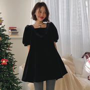 海外韩国东大门女装，2023冬装露背丝绒泡泡短袖连衣裙