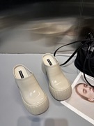 欧洲站真皮女鞋2024春款纯色，圆头漆皮高跟鞋欧货套脚粗跟包头半拖