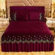 冬季保暖法兰绒单件床裙三件套加棉加厚蕾丝珊瑚绒被套床头罩床罩