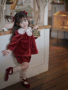 女童2023秋冬手工刺绣花瓣领丝绒套装红色礼服裙公主生日连衣裙