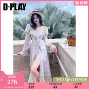 DPLAY气质海边度假紫色印花长裙荷叶边长款长袖印花连衣裙裙子女