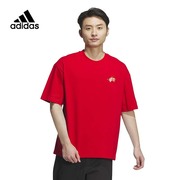 阿迪达斯红色短袖男子龙年新年款针织圆领运动休闲半袖T恤JE6105