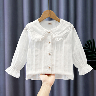 女童白衬衣(白衬衣)春装，2024时髦洋气儿童春秋中小童，长袖纯棉打底衫纯色潮
