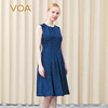 VOA真丝提花圆领无袖风琴褶不对称设计深蓝色优雅文艺气质连衣裙