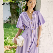 magyann紫色梦境设计感飘带收腰长裙，女抽带拼色边泡袖连衣裙