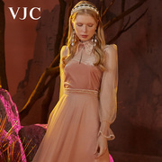 VJC/威杰思秋冬女装女士粉色气质翻领喇叭袖短款丝绒上衣