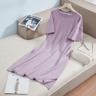 大码香芋紫色t恤连衣裙，女夏季胖mm潮，宽松中长款欧货大版纯棉裙子