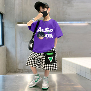 紫色男孩字母童装套装夏季休闲运动短袖上衣短裤两件套大童时髦潮