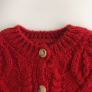 韩版新年儿童大红色毛衣开衫 圣诞冬款男女宝麻花纹针织开衫洋气